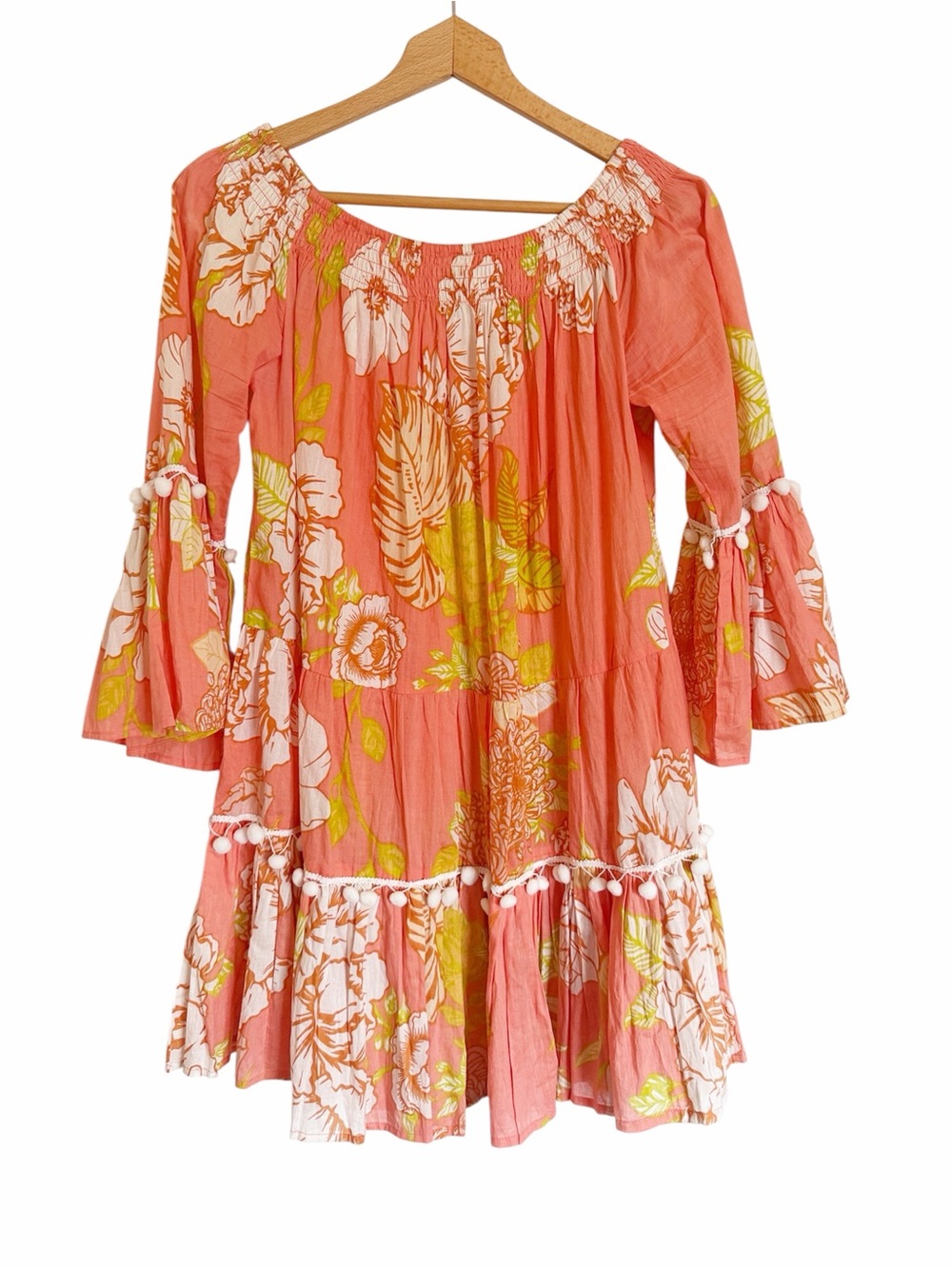 True Destinations Resortwear Boho Peasant Floral Babydoll Coverup Mini Dress L